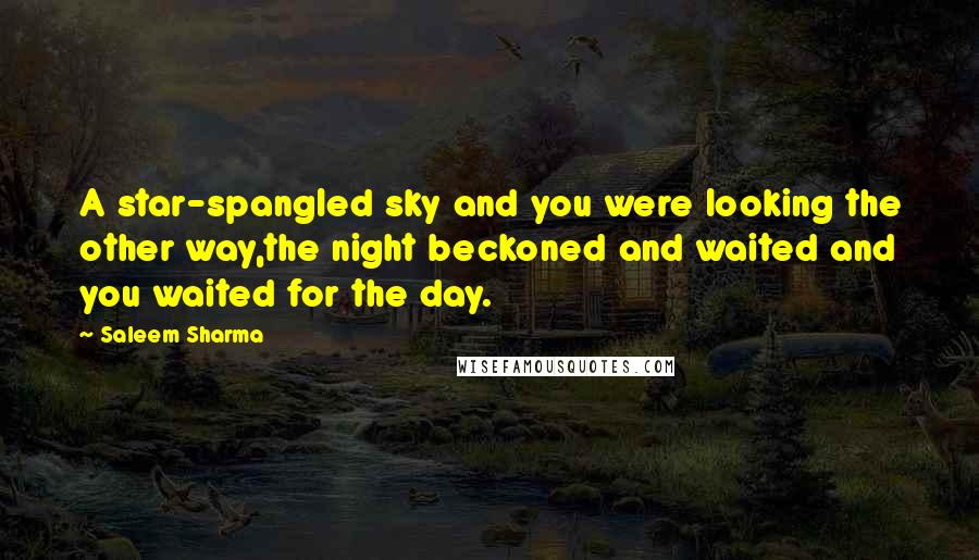 Saleem Sharma Quotes: A star-spangled sky and you were looking the other way,the night beckoned and waited and you waited for the day.