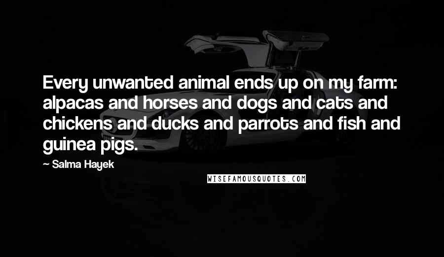 Salma Hayek Quotes: Every unwanted animal ends up on my farm: alpacas and horses and dogs and cats and chickens and ducks and parrots and fish and guinea pigs.