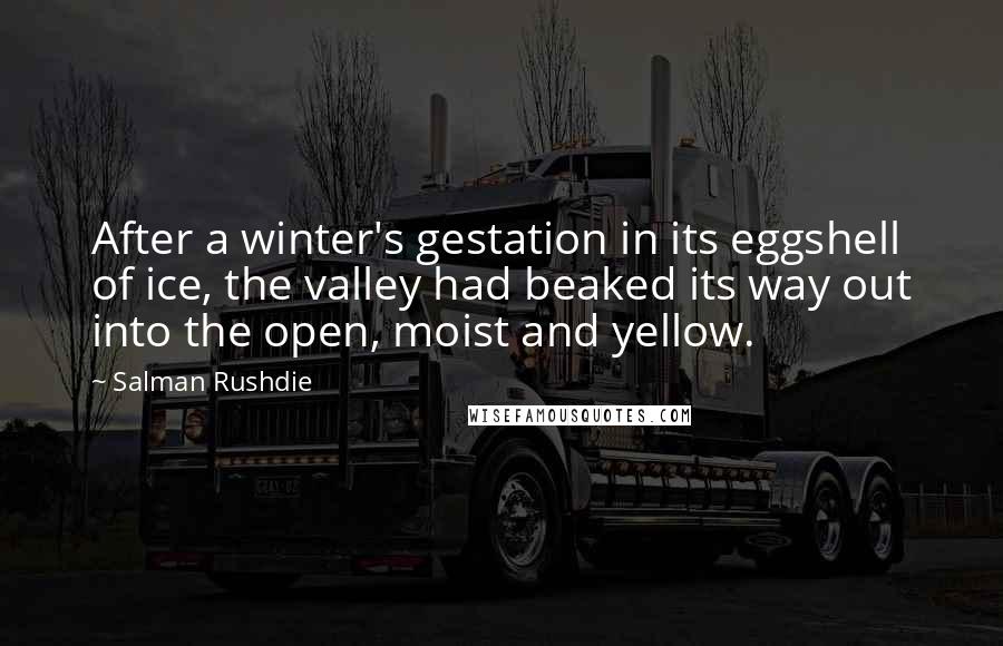 Salman Rushdie Quotes: After a winter's gestation in its eggshell of ice, the valley had beaked its way out into the open, moist and yellow.