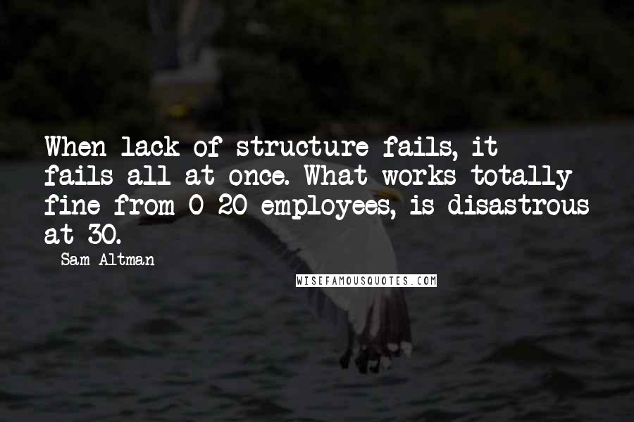 Sam Altman Quotes: When lack of structure fails, it fails all at once. What works totally fine from 0-20 employees, is disastrous at 30.