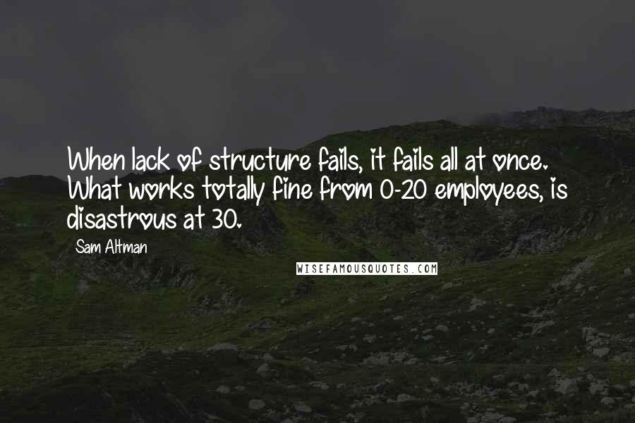 Sam Altman Quotes: When lack of structure fails, it fails all at once. What works totally fine from 0-20 employees, is disastrous at 30.