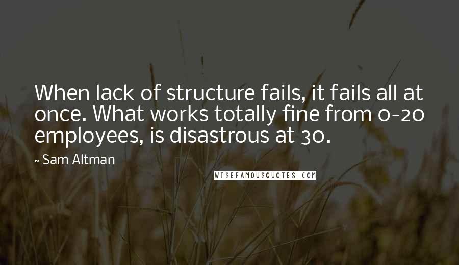 Sam Altman Quotes: When lack of structure fails, it fails all at once. What works totally fine from 0-20 employees, is disastrous at 30.