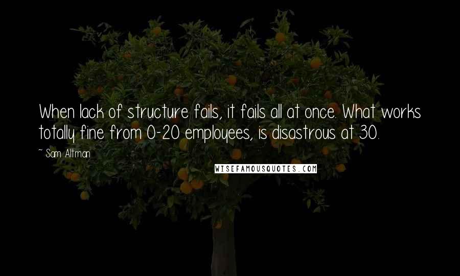 Sam Altman Quotes: When lack of structure fails, it fails all at once. What works totally fine from 0-20 employees, is disastrous at 30.