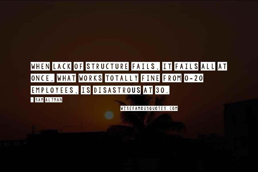 Sam Altman Quotes: When lack of structure fails, it fails all at once. What works totally fine from 0-20 employees, is disastrous at 30.