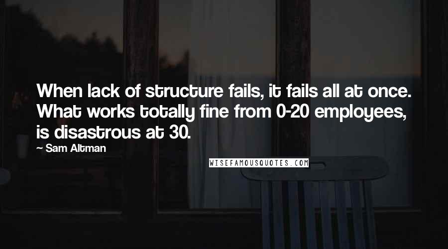 Sam Altman Quotes: When lack of structure fails, it fails all at once. What works totally fine from 0-20 employees, is disastrous at 30.