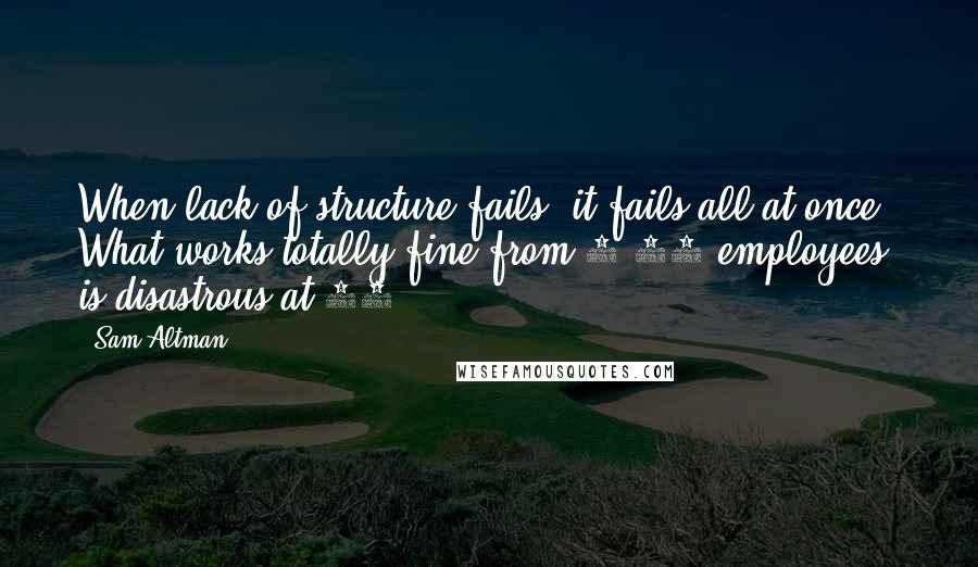 Sam Altman Quotes: When lack of structure fails, it fails all at once. What works totally fine from 0-20 employees, is disastrous at 30.