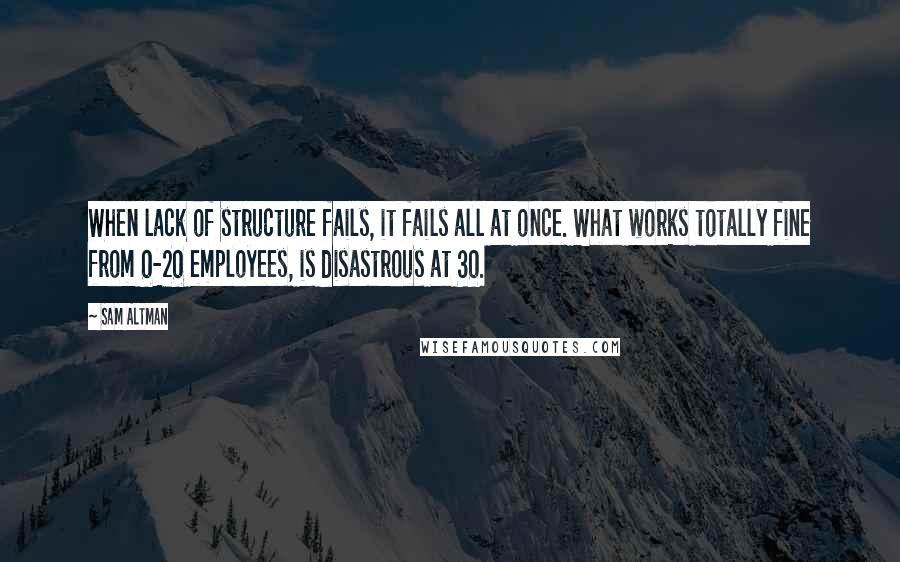 Sam Altman Quotes: When lack of structure fails, it fails all at once. What works totally fine from 0-20 employees, is disastrous at 30.