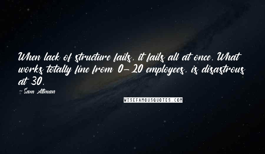 Sam Altman Quotes: When lack of structure fails, it fails all at once. What works totally fine from 0-20 employees, is disastrous at 30.