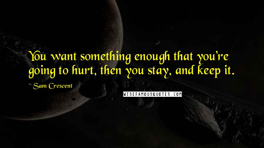 Sam Crescent Quotes: You want something enough that you're going to hurt, then you stay, and keep it.