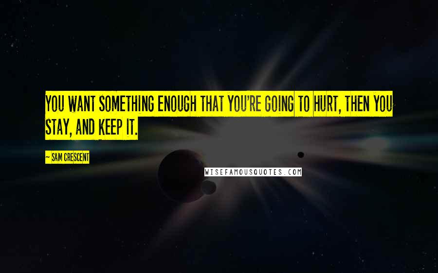 Sam Crescent Quotes: You want something enough that you're going to hurt, then you stay, and keep it.