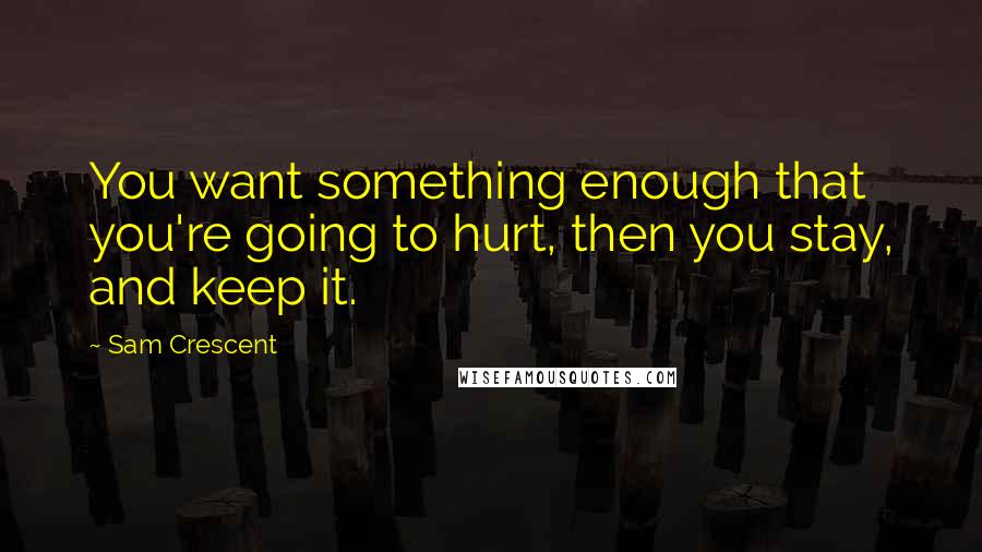 Sam Crescent Quotes: You want something enough that you're going to hurt, then you stay, and keep it.