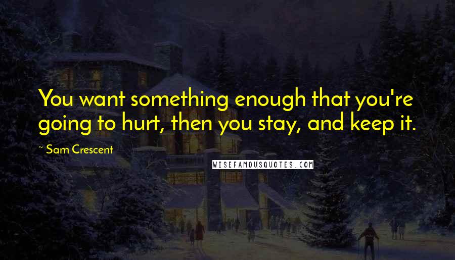 Sam Crescent Quotes: You want something enough that you're going to hurt, then you stay, and keep it.