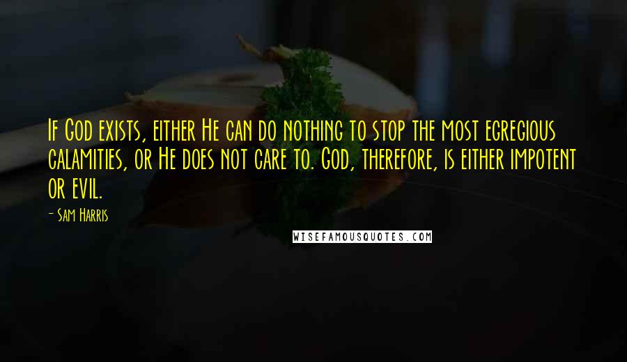 Sam Harris Quotes: If God exists, either He can do nothing to stop the most egregious calamities, or He does not care to. God, therefore, is either impotent or evil.