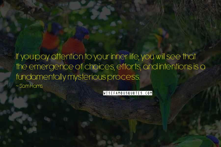 Sam Harris Quotes: If you pay attention to your inner life, you will see that the emergence of choices, efforts, and intentions is a fundamentally mysterious process.