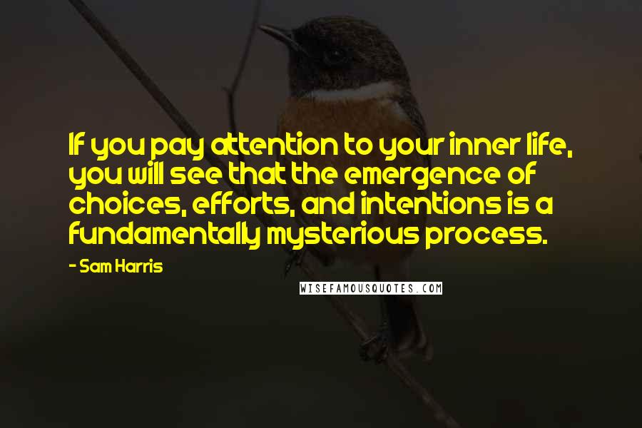 Sam Harris Quotes: If you pay attention to your inner life, you will see that the emergence of choices, efforts, and intentions is a fundamentally mysterious process.
