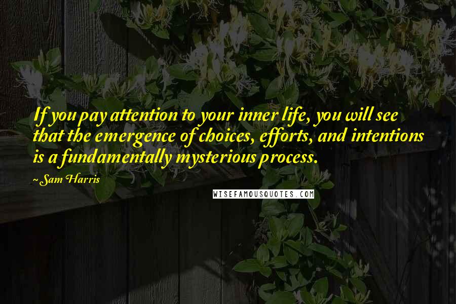 Sam Harris Quotes: If you pay attention to your inner life, you will see that the emergence of choices, efforts, and intentions is a fundamentally mysterious process.