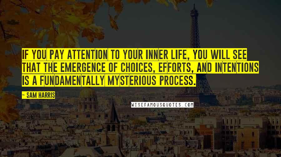 Sam Harris Quotes: If you pay attention to your inner life, you will see that the emergence of choices, efforts, and intentions is a fundamentally mysterious process.