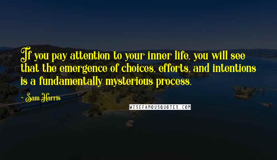 Sam Harris Quotes: If you pay attention to your inner life, you will see that the emergence of choices, efforts, and intentions is a fundamentally mysterious process.