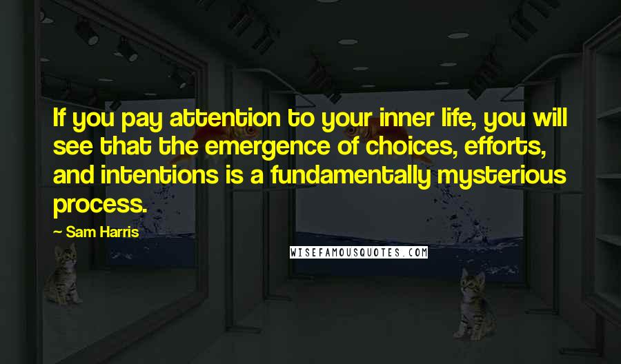 Sam Harris Quotes: If you pay attention to your inner life, you will see that the emergence of choices, efforts, and intentions is a fundamentally mysterious process.