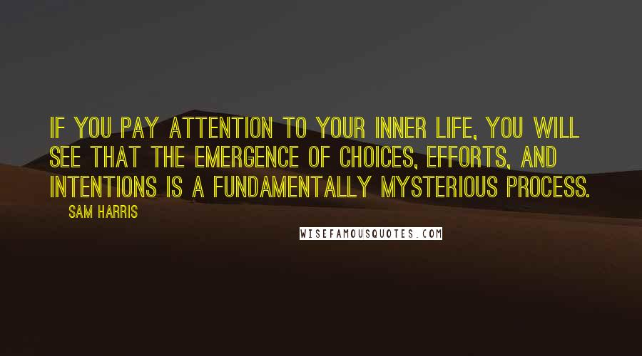 Sam Harris Quotes: If you pay attention to your inner life, you will see that the emergence of choices, efforts, and intentions is a fundamentally mysterious process.