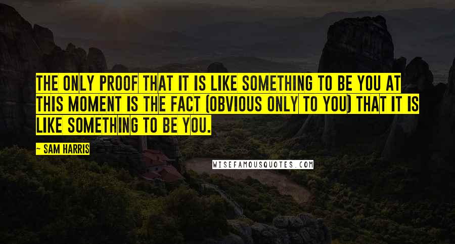 Sam Harris Quotes: The only proof that it is like something to be you at this moment is the fact (obvious only to you) that it is like something to be you.