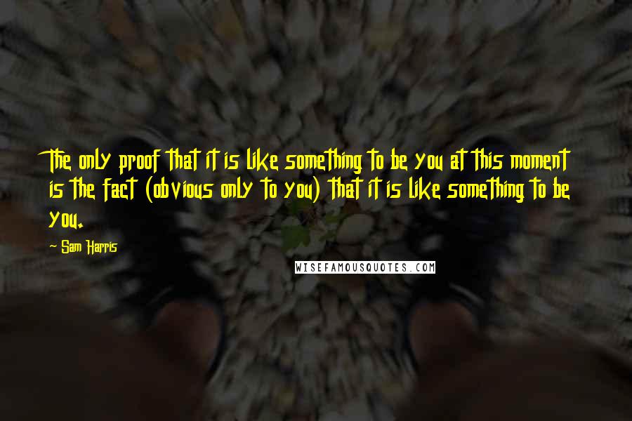 Sam Harris Quotes: The only proof that it is like something to be you at this moment is the fact (obvious only to you) that it is like something to be you.