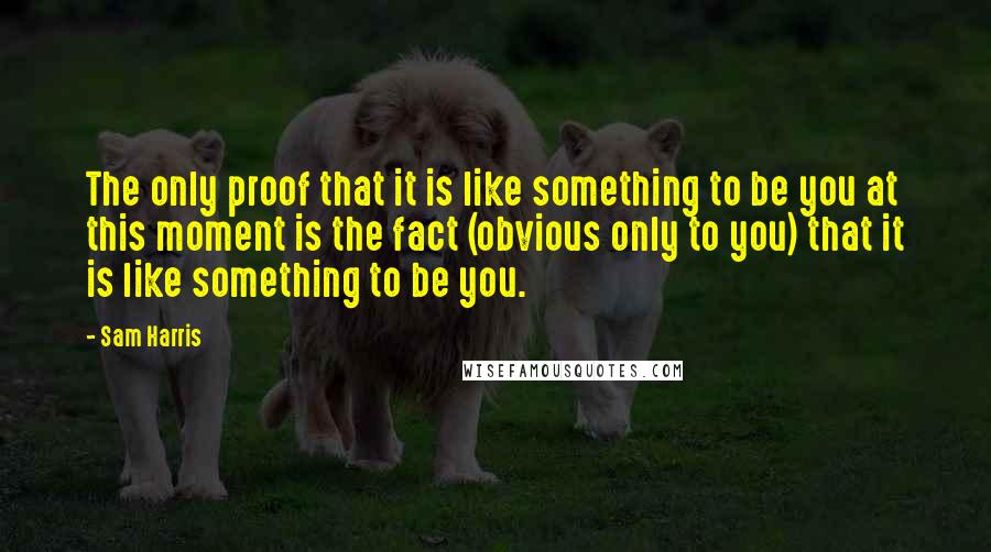 Sam Harris Quotes: The only proof that it is like something to be you at this moment is the fact (obvious only to you) that it is like something to be you.