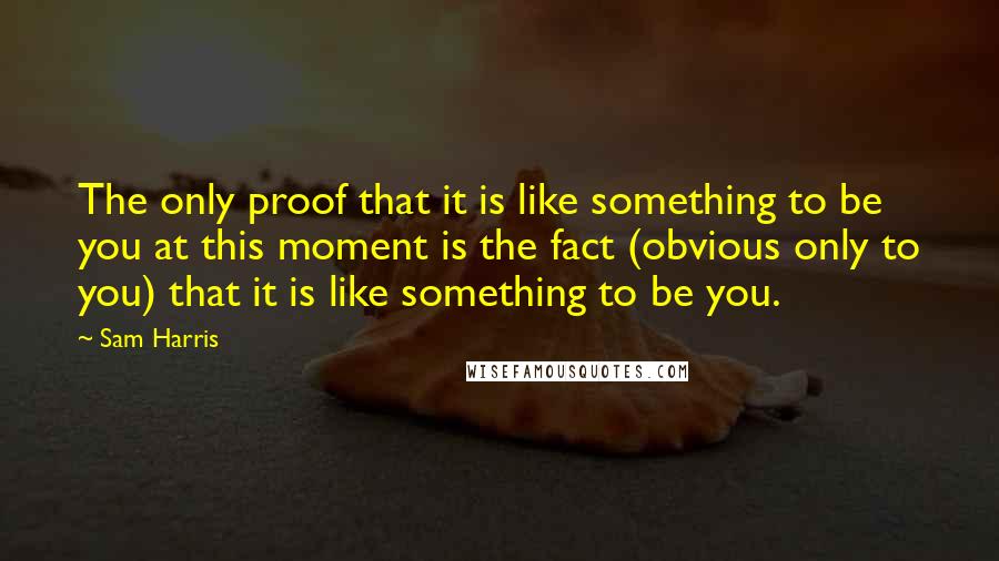 Sam Harris Quotes: The only proof that it is like something to be you at this moment is the fact (obvious only to you) that it is like something to be you.