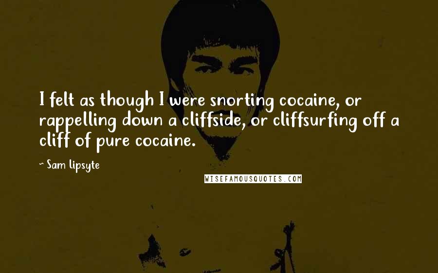 Sam Lipsyte Quotes: I felt as though I were snorting cocaine, or rappelling down a cliffside, or cliffsurfing off a cliff of pure cocaine.