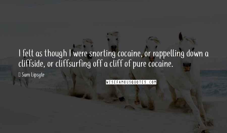 Sam Lipsyte Quotes: I felt as though I were snorting cocaine, or rappelling down a cliffside, or cliffsurfing off a cliff of pure cocaine.