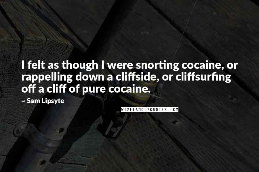 Sam Lipsyte Quotes: I felt as though I were snorting cocaine, or rappelling down a cliffside, or cliffsurfing off a cliff of pure cocaine.