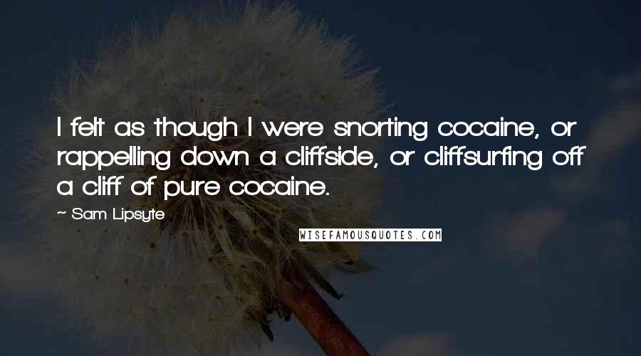 Sam Lipsyte Quotes: I felt as though I were snorting cocaine, or rappelling down a cliffside, or cliffsurfing off a cliff of pure cocaine.