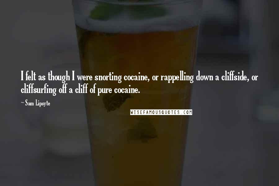 Sam Lipsyte Quotes: I felt as though I were snorting cocaine, or rappelling down a cliffside, or cliffsurfing off a cliff of pure cocaine.