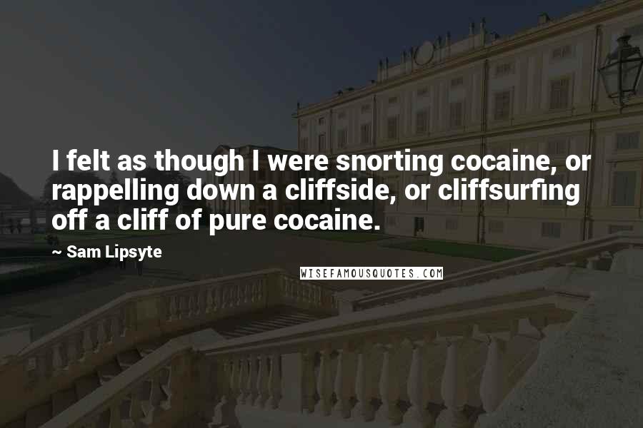 Sam Lipsyte Quotes: I felt as though I were snorting cocaine, or rappelling down a cliffside, or cliffsurfing off a cliff of pure cocaine.