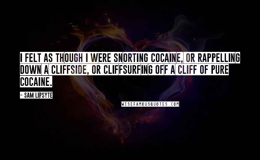 Sam Lipsyte Quotes: I felt as though I were snorting cocaine, or rappelling down a cliffside, or cliffsurfing off a cliff of pure cocaine.