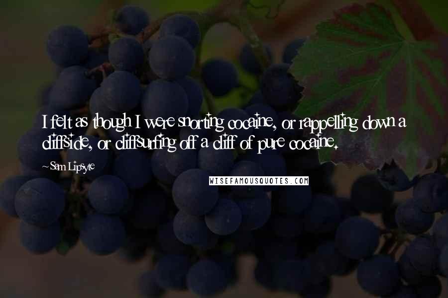 Sam Lipsyte Quotes: I felt as though I were snorting cocaine, or rappelling down a cliffside, or cliffsurfing off a cliff of pure cocaine.