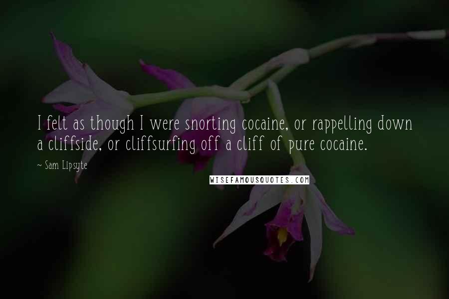 Sam Lipsyte Quotes: I felt as though I were snorting cocaine, or rappelling down a cliffside, or cliffsurfing off a cliff of pure cocaine.