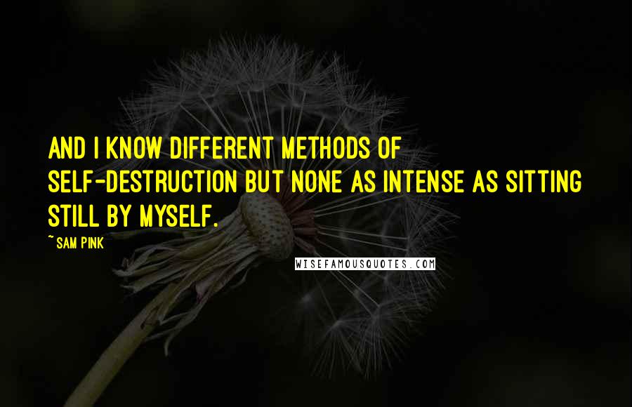 Sam Pink Quotes: And I know different methods of self-destruction but none as intense as sitting still by myself.