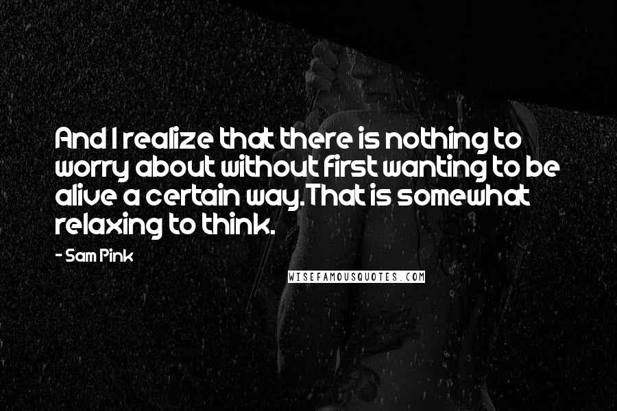 Sam Pink Quotes: And I realize that there is nothing to worry about without first wanting to be alive a certain way.That is somewhat relaxing to think.