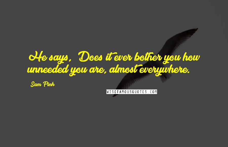 Sam Pink Quotes: He says, "Does it ever bother you how unneeded you are, almost everywhere.
