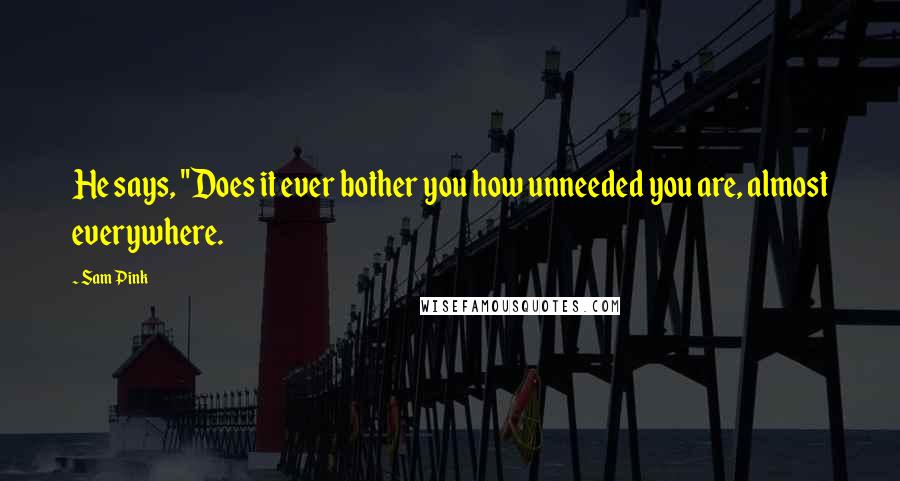 Sam Pink Quotes: He says, "Does it ever bother you how unneeded you are, almost everywhere.