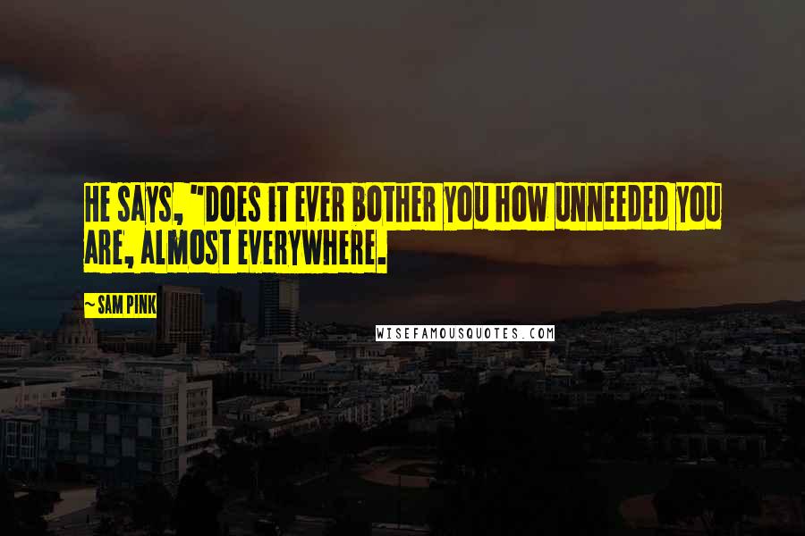 Sam Pink Quotes: He says, "Does it ever bother you how unneeded you are, almost everywhere.