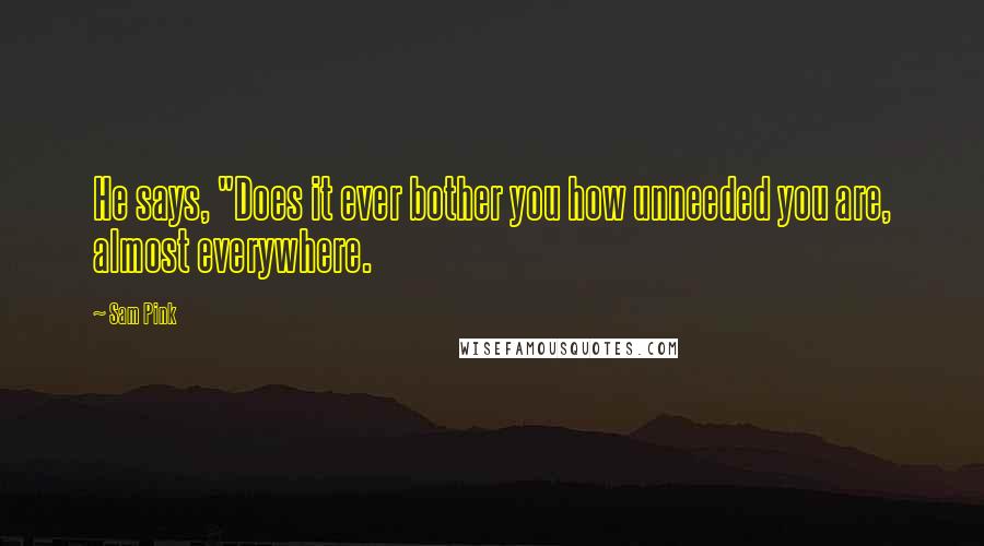Sam Pink Quotes: He says, "Does it ever bother you how unneeded you are, almost everywhere.