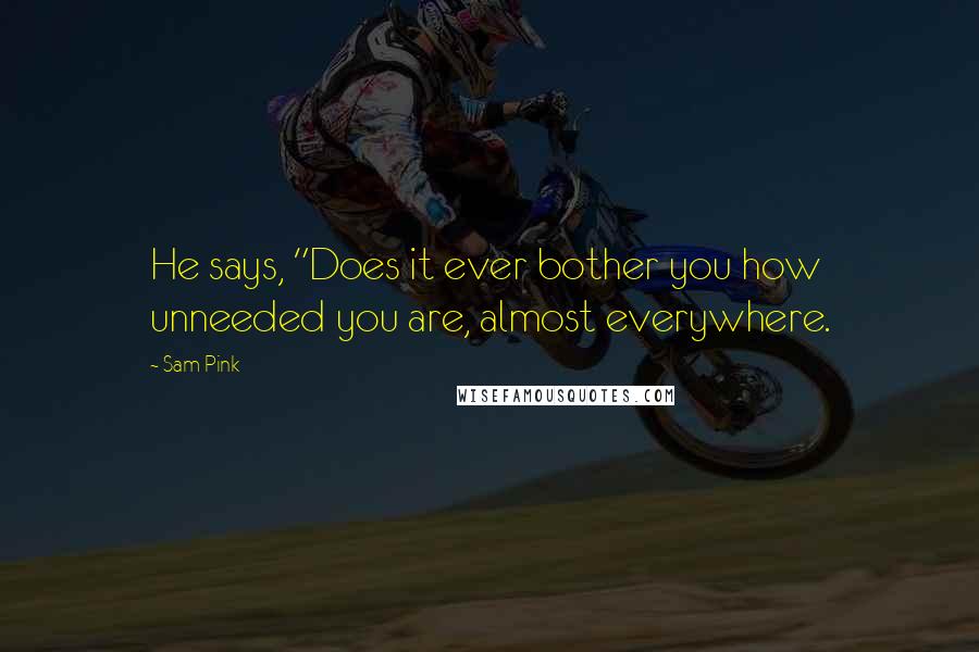 Sam Pink Quotes: He says, "Does it ever bother you how unneeded you are, almost everywhere.