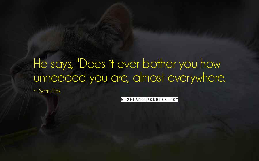 Sam Pink Quotes: He says, "Does it ever bother you how unneeded you are, almost everywhere.