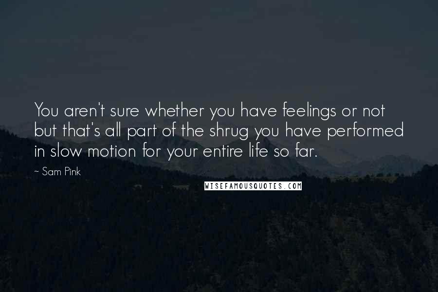 Sam Pink Quotes: You aren't sure whether you have feelings or not but that's all part of the shrug you have performed in slow motion for your entire life so far.