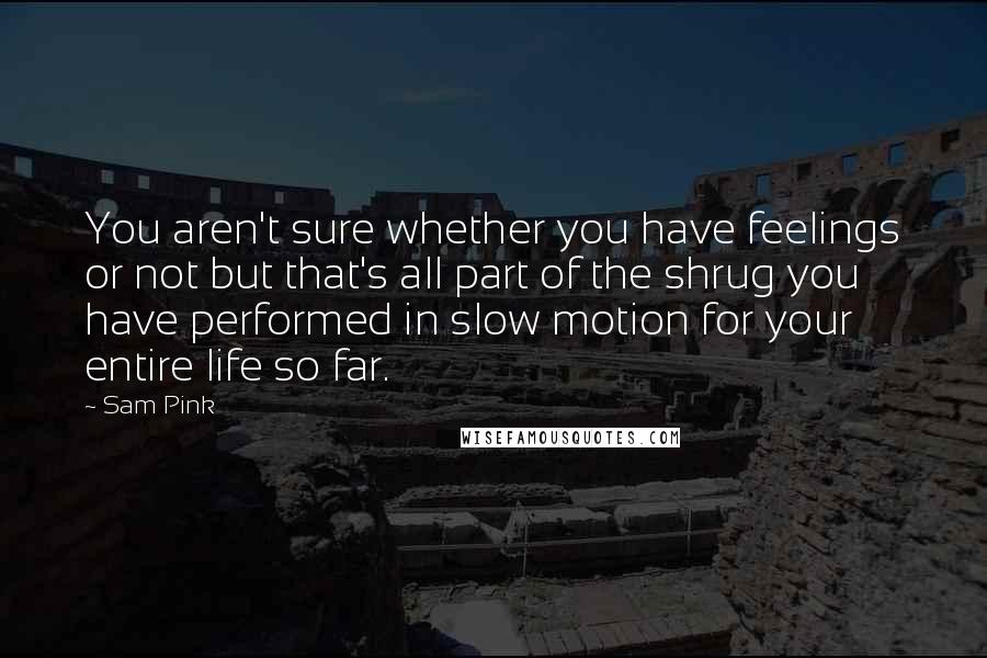 Sam Pink Quotes: You aren't sure whether you have feelings or not but that's all part of the shrug you have performed in slow motion for your entire life so far.