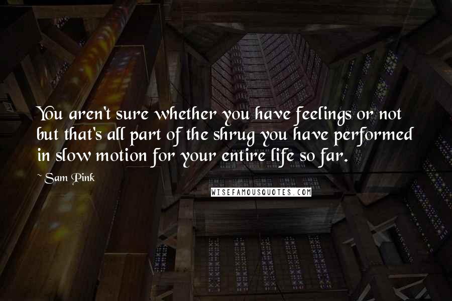 Sam Pink Quotes: You aren't sure whether you have feelings or not but that's all part of the shrug you have performed in slow motion for your entire life so far.