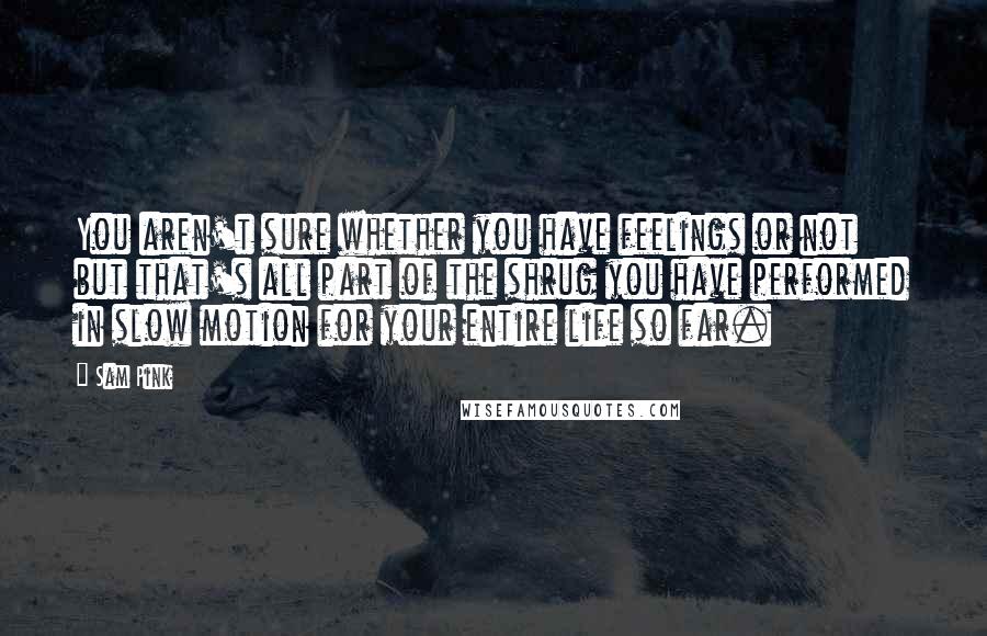 Sam Pink Quotes: You aren't sure whether you have feelings or not but that's all part of the shrug you have performed in slow motion for your entire life so far.