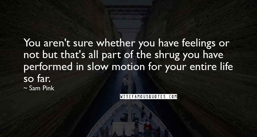 Sam Pink Quotes: You aren't sure whether you have feelings or not but that's all part of the shrug you have performed in slow motion for your entire life so far.